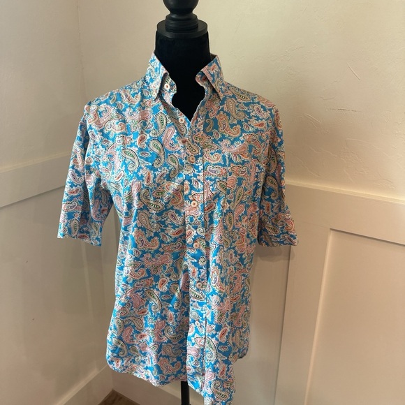 Alan Flusser Blue and Pink Floral Casual Button Down Shirt - Picture 1 of 3